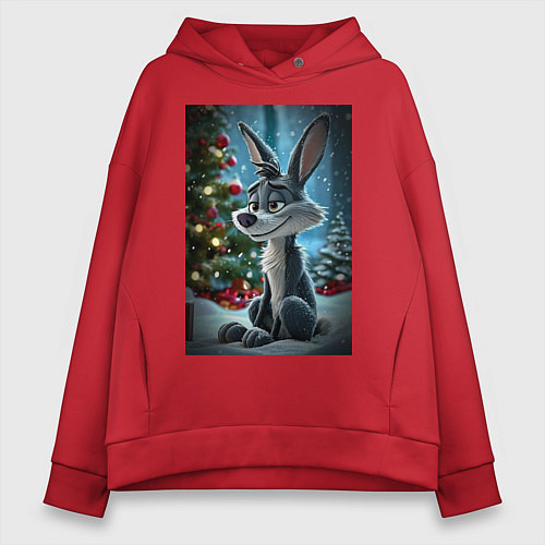 Женское худи оверсайз Серый волк у елочки / Красный – фото 1