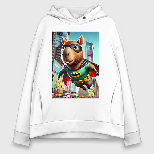 Женское худи оверсайз Бэткапи летит над улицей Нью-Йорка / Белый – фото 1