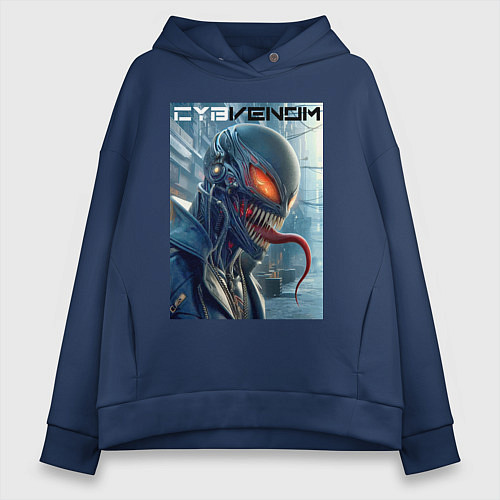 Женское худи оверсайз Перерождение ядовитой слизи в киберпанк - Веном / Тёмно-синий – фото 1