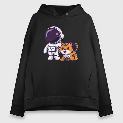 Женское худи оверсайз Космонавт и тигрёнок / Черный – фото 1