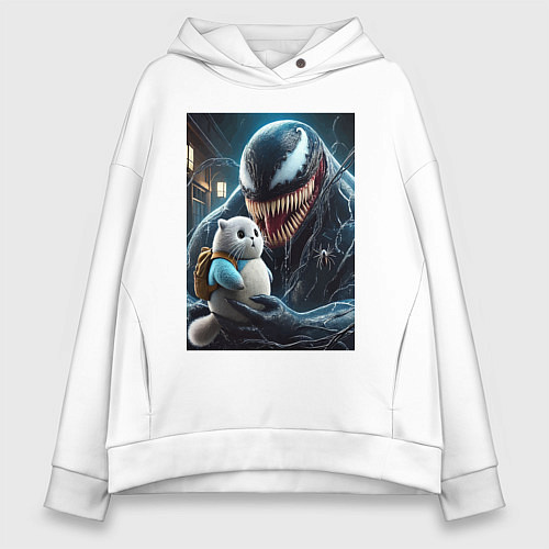 Женское худи оверсайз Venom and funny kitten with backpack / Белый – фото 1