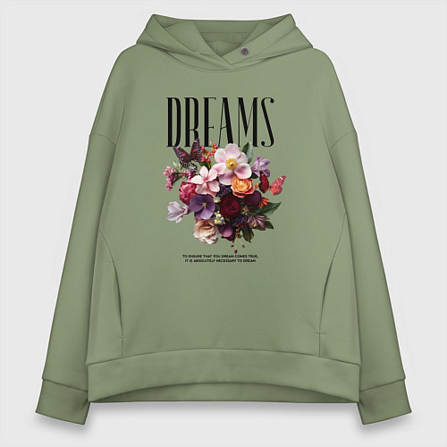 Женское худи оверсайз Dreams flowers - надпись: мечтать / Авокадо – фото 1