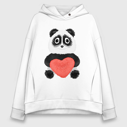 Женское худи оверсайз Плюшевый панда с красным сердцем / Белый – фото 1