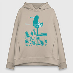 Женское худи оверсайз Птичка и цветы в голубом