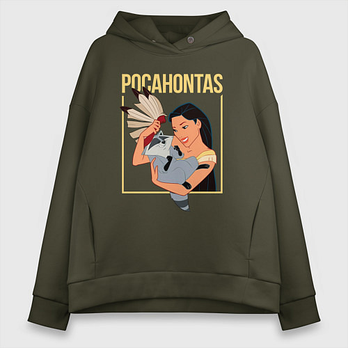 Женское худи оверсайз Покахонтас с енотом / Хаки – фото 1