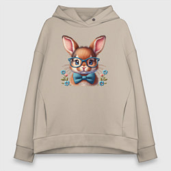 Толстовка оверсайз женская Кролик мальчик в очках, цвет: миндальный