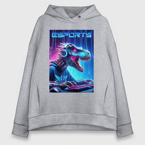 Женское худи оверсайз Tyrannosaurus is esports player - neon glow / Меланж – фото 1