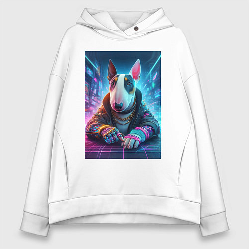 Женское худи оверсайз Cool bull terrier - cyberpunk / Белый – фото 1