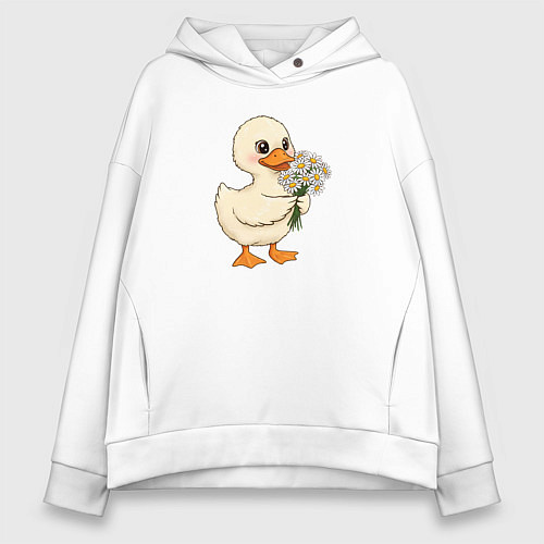 Женское худи оверсайз Милая уточка с букетом ромашек / Белый – фото 1