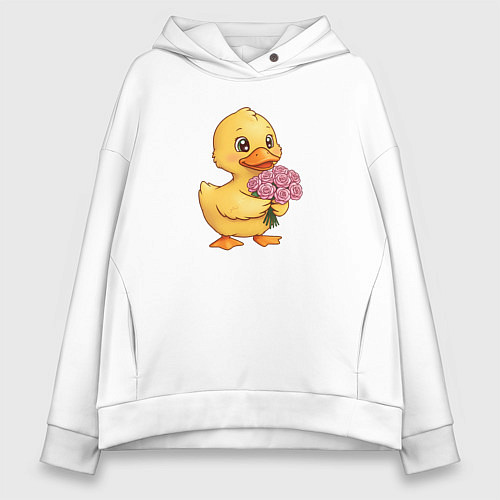 Женское худи оверсайз Желтая уточка с букетом роз / Белый – фото 1