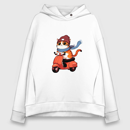 Женское худи оверсайз Кот в шапке на скутере / Белый – фото 1