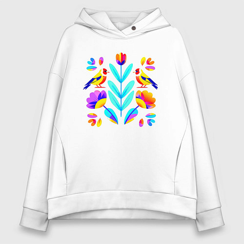 Женское худи оверсайз Неоновые цветы и птицы / Белый – фото 1