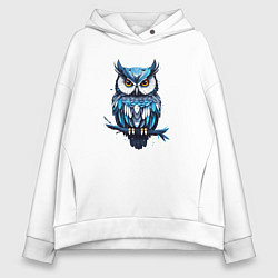 Толстовка оверсайз женская Голубой филин на ветке, цвет: белый