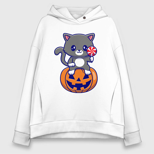 Женское худи оверсайз Хэллоуин котик с леденцом / Белый – фото 1