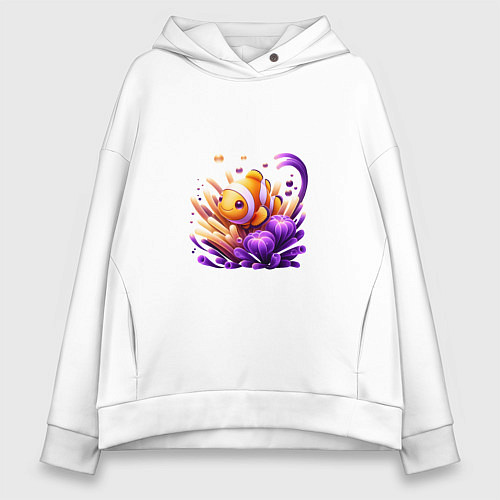Женское худи оверсайз Рыбка клоун среди водорослей / Белый – фото 1