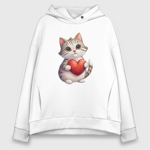 Женское худи оверсайз Серый кот держит сердце в лапах / Белый – фото 1