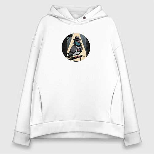 Женское худи оверсайз Голубь шпион в шляпе со старым фотоаппаратом / Белый – фото 1