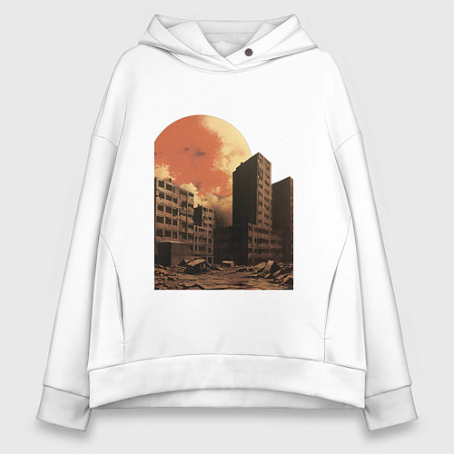 Женское худи оверсайз Город после апокалипсиса ретро на закате / Белый – фото 1