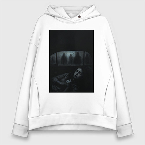 Женское худи оверсайз Девушка прячется в машине ужасы триллер / Белый – фото 1