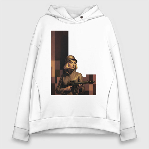 Женское худи оверсайз Женщина с автоматом ретрофутуризм поп-арт 1970-е / Белый – фото 1