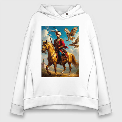 Женское худи оверсайз Казак на коне с совами / Белый – фото 1