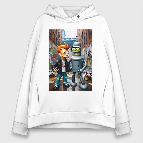 Женское худи оверсайз Бендер и Фрай в Бронксе - нейроарт фантазия / Белый – фото 1