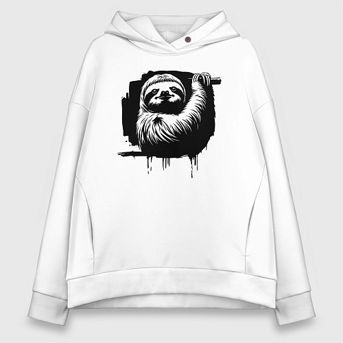 Женское худи оверсайз Ленивец в черном штрихе / Белый – фото 1