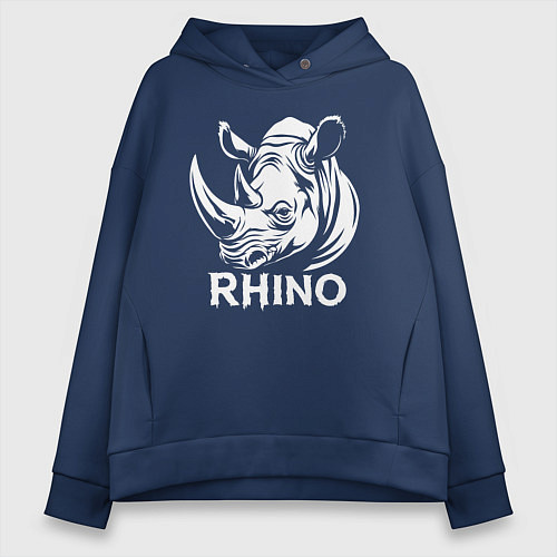 Женское худи оверсайз Носорог с надписью / Тёмно-синий – фото 1