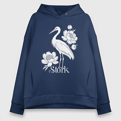 Женское худи оверсайз Аист с цветами / Тёмно-синий – фото 1
