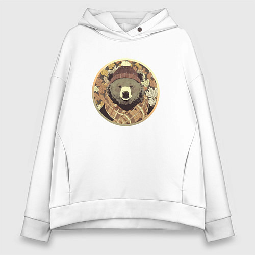 Женское худи оверсайз Осенний медведь в шарфе / Белый – фото 1