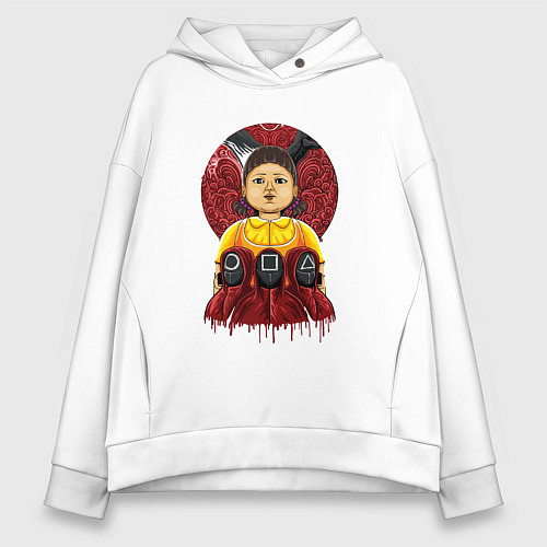 Женское худи оверсайз Кукла и надзиратели игра в кальмара / Белый – фото 1