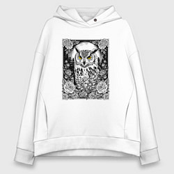 Толстовка оверсайз женская Филин с розами, цвет: белый