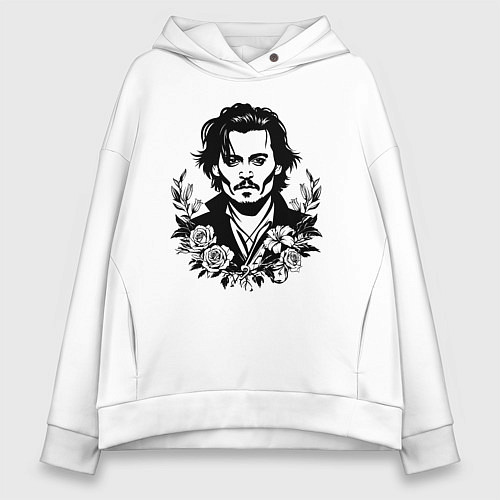 Женское худи оверсайз Джонни Депп с букетом цветов / Белый – фото 1