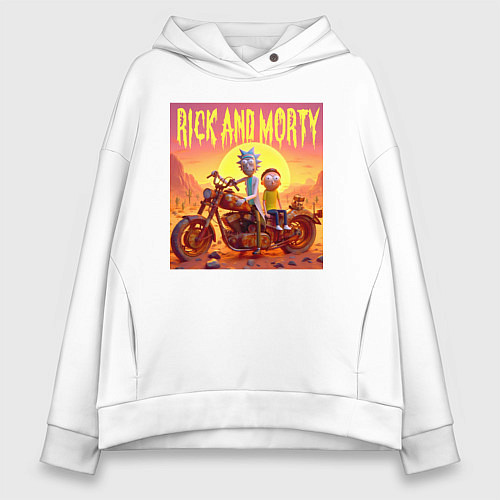 Женское худи оверсайз Рик и Морти на ржавом ретро мотоцикле в пустыне / Белый – фото 1
