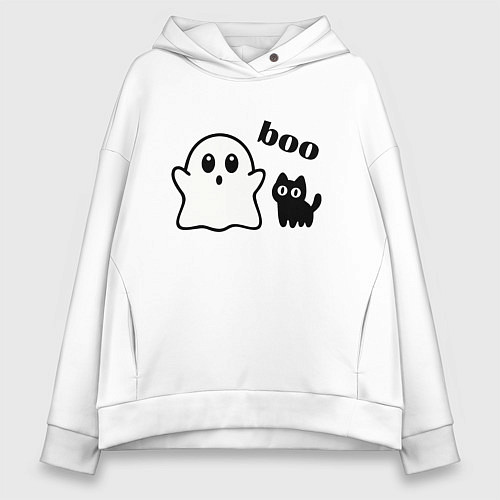 Женское худи оверсайз Хэллоуин, привидение и черный кот / Белый – фото 1