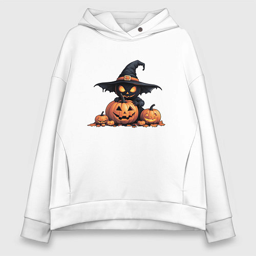 Женское худи оверсайз Черный призрак в ведьмовской шляпе сидит на тыкве / Белый – фото 1