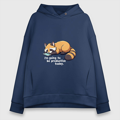 Женское худи оверсайз Ленивый енот с телефоном / Тёмно-синий – фото 1