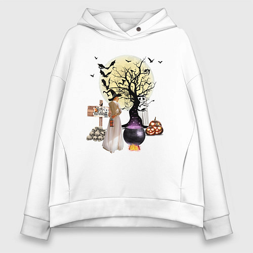 Женское худи оверсайз Полнолуние в Хэллуин / Белый – фото 1