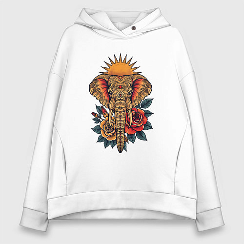 Женское худи оверсайз Слон на фоне солнца с розами в стиле тату / Белый – фото 1