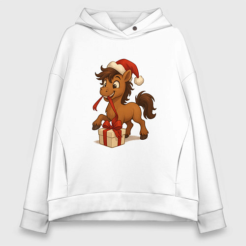 Женское худи оверсайз Лошадка распаковывает подарок / Белый – фото 1