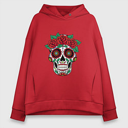Толстовка оверсайз женская Расписной женский череп, цвет: красный