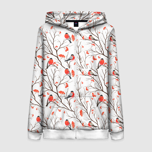 Женская толстовка на молнии Снегири в зимнем лесу / 3D-Белый – фото 1