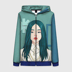 Толстовка на молнии женская Billie Eilish: Turquoise Hair, цвет: 3D-синий