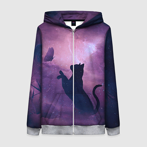 Женская толстовка на молнии Кошка играет с бабочкой / 3D-Меланж – фото 1