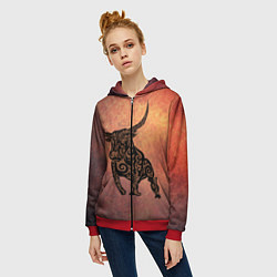 Толстовка на молнии женская Символ года 2021 Бык, цвет: 3D-красный — фото 2