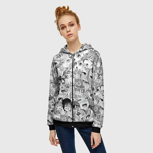 Женская толстовка на молнии Ahegao monochrome / 3D-Черный – фото 3