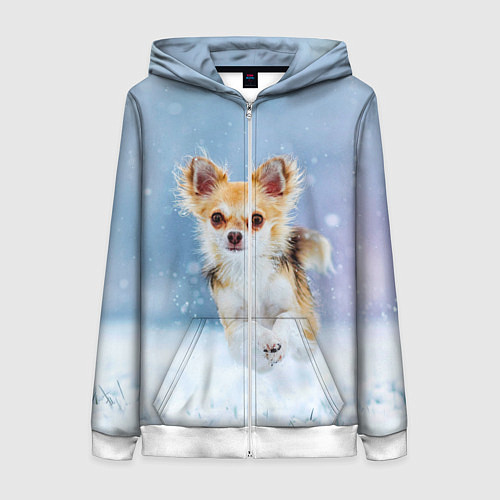 Женская толстовка на молнии Чихуахуа в снегу / 3D-Белый – фото 1