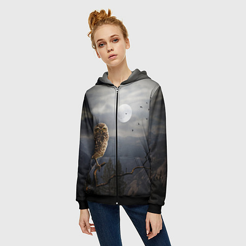 Женская толстовка на молнии Сова / 3D-Черный – фото 3