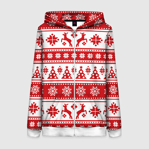 Женская толстовка на молнии Новый Год Олени и снежинки / 3D-Белый – фото 1