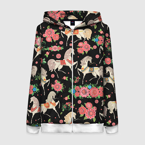 Женская толстовка на молнии Лошади и цветы / 3D-Белый – фото 1